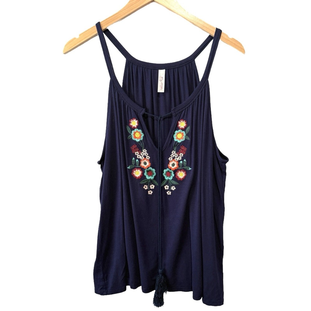 My Story Women's Tank Top Size X-Large Blue Embroidered Flowers